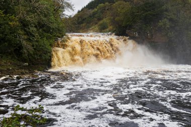 İngiltere 'nin Northumberland ve Cumbria eyaletlerinin sınırındaki Irthing Vadisi' ndeki Crammel Linn şelalesinde akan hızlı akarsu..