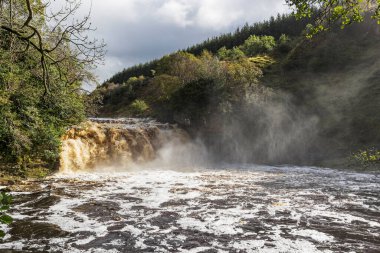 İngiltere 'nin Northumberland ve Cumbria eyaletlerinin sınırındaki Irthing Vadisi' ndeki Crammel Linn şelalesinde akan hızlı akarsu..