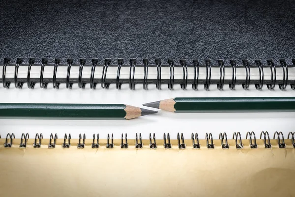 Två gröna pennor mellan anteckningsböcker — Stockfoto