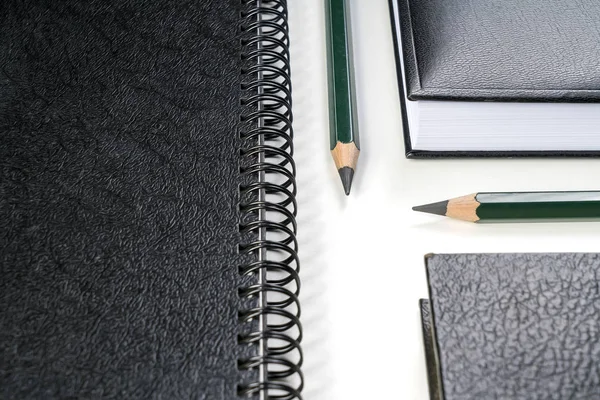Två gröna pennor mellan anteckningsböcker — Stockfoto