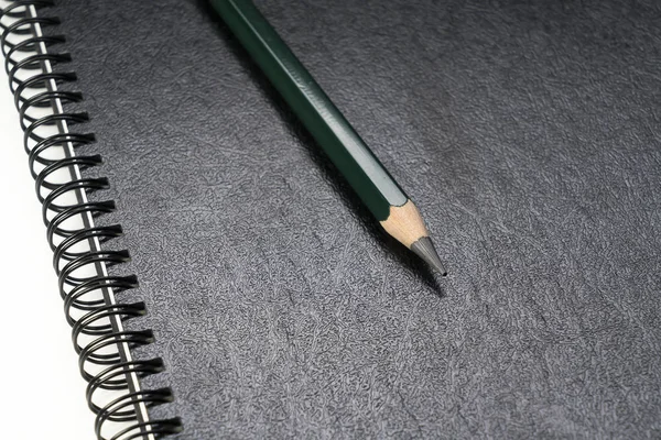 Green pencil laying on a black ring binder — Stock Photo, Image
