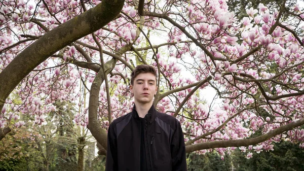 Retrato de un joven de pie bajo una magnolia — Foto de Stock