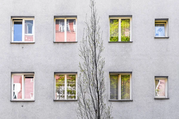 Простий сірий фасад будинку з кольоровими відображеннями у вікнах — стокове фото
