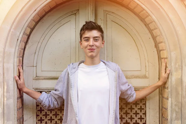 Retrato de un joven sonriente de pie frente a una vieja puerta — Foto de Stock