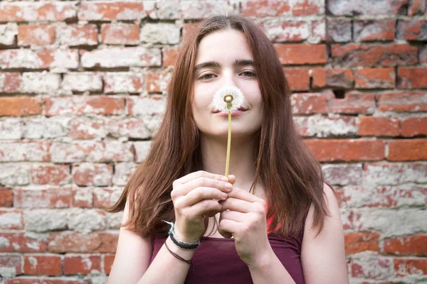 Portrait of a smiling young woman holding a dandelion — Stock Photo, Image