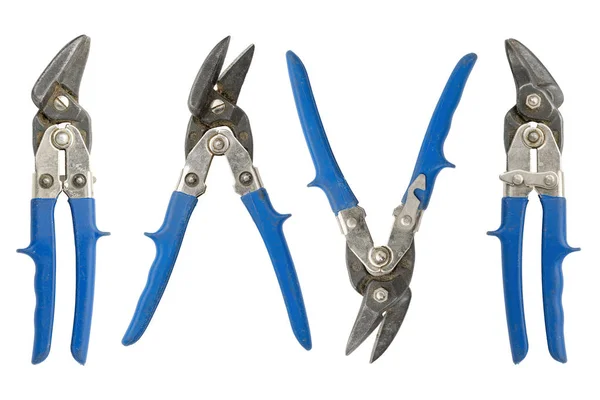 Oude blauwe tin snips, rechts, links, open en gesloten, geïsoleerde op wit — Stockfoto