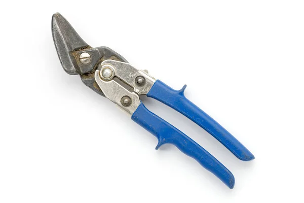 Oude blauwe tin snips, geïsoleerd op wit — Stockfoto