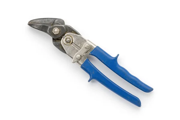 Oude blauwe tin snips, geïsoleerd op wit — Stockfoto