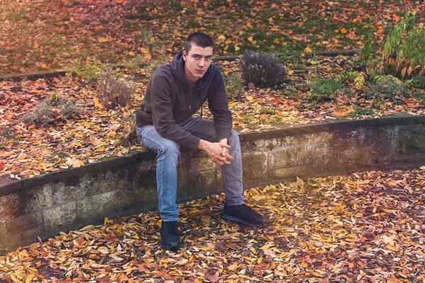 Retrato de un joven casual sentado en una pared con hojas de otoño — Foto de Stock