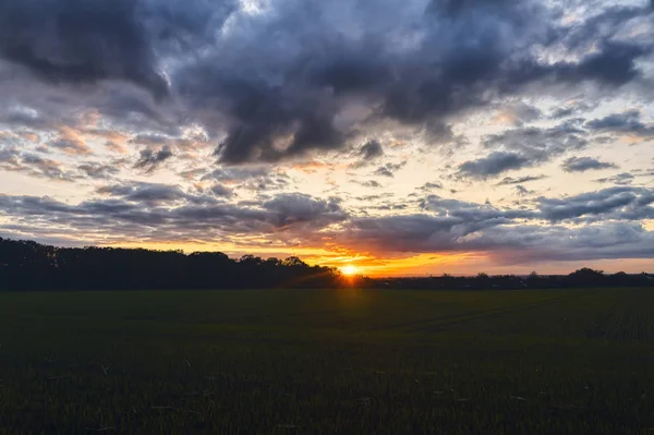 Beautiful sunset over a meadow with dramatic sky — Stock Photo, Image