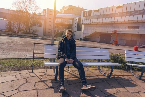 Portrait Young Man Sitting Bench — Stock Photo, Image