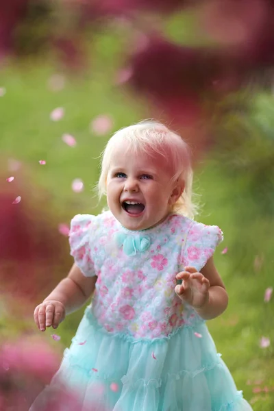 Fröhliche junge Kleinkind Mädchen lachen, als Blumenblätter fallen von einem cr — Stockfoto