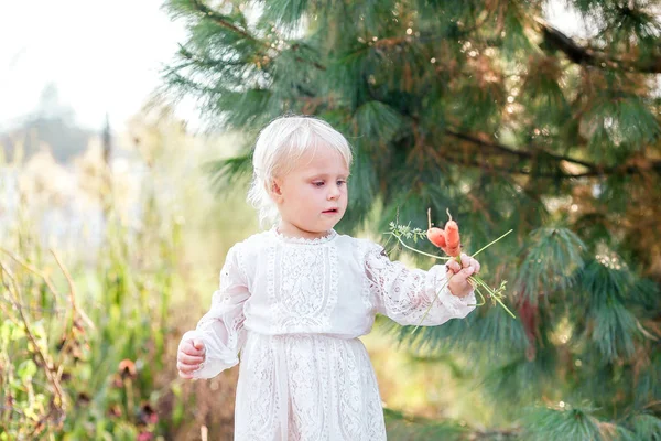 Sladká dívka dítě drží čerstvě vybral zelenina od t — Stock fotografie