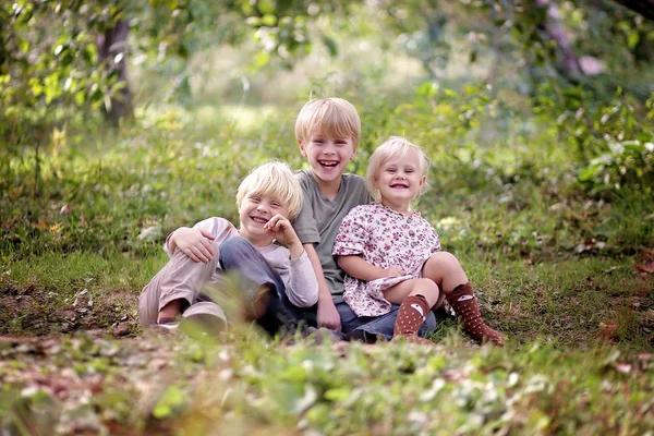 Троє щасливих дітей сміються надворі — стокове фото