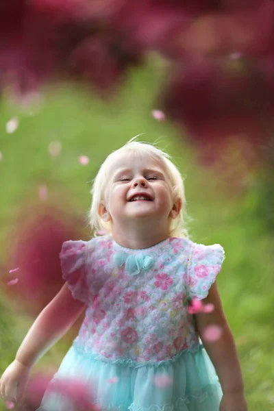 春の日に花びらが彼女に落ちるように笑みを浮かべて開花クラブアップル ツリーの下幸せな小さな幼児が立っています — ストック写真