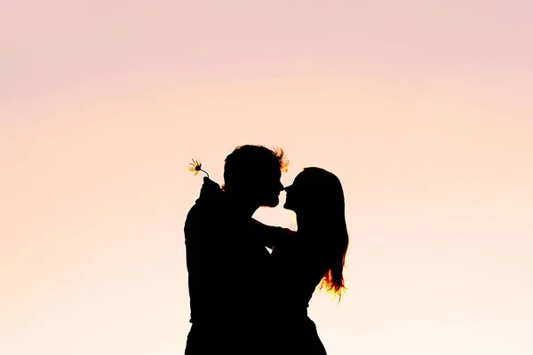 Une Silhouette Heureux Jeune Couple Marié Amoureux Étreignant Coucher Soleil — Photo