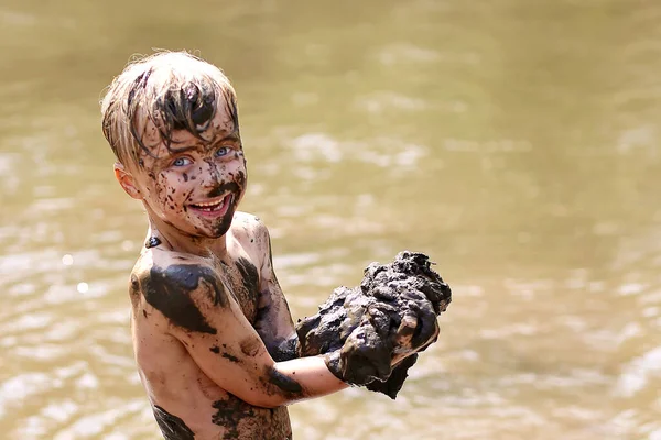 Happy Young Boy Child Covered Mud Laughs Swims Plays River — Stock Photo, Image