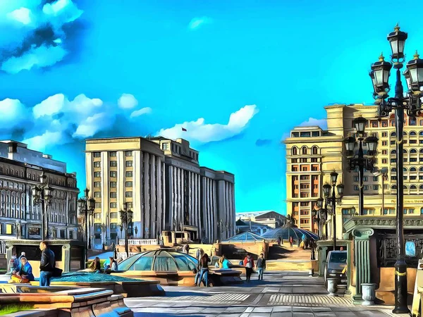Ілюстрація пейзажу міських вулиць в стилі акрилового реалізму — стокове фото