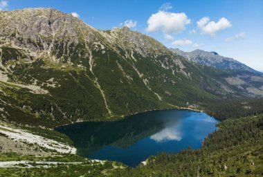 Morskie Oko Gölü ya da Güney Polonya 'daki Tatra Ulusal Parkı' ndaki Denizin Gözü manzarası. Orman yeşili dağ, mavi gökyüzü, bulutlar, yaz