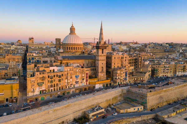 Flygfoto Över Valletta Stad Kvällen Sunset Förenade Kungariket — Stockfoto