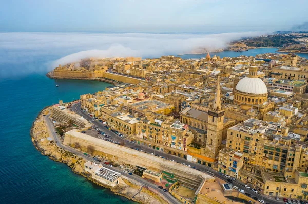 Aerial View Valletta Church Clouds Fog Blue Sky Europe Malta — 스톡 사진