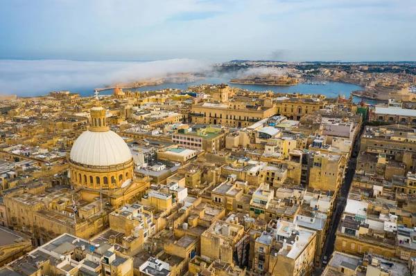Aerial Landscape View Valletta Dome Church Clouds Fog Blue Sky — 스톡 사진
