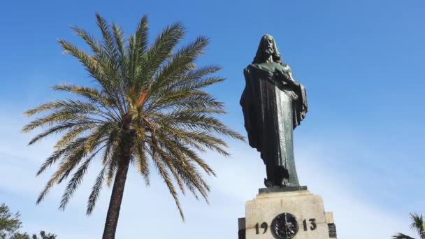 Statue Christ King Tall Green Palm Blue Sky Sunny Day — Stock Video