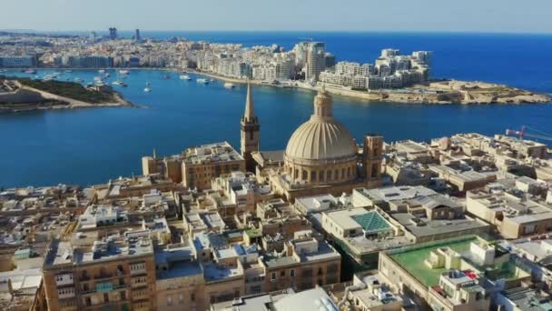 Luchtfoto Van Valletta Stad Hoofdstad Van Malta Eiland Hoofdkerk Koepel — Stockvideo