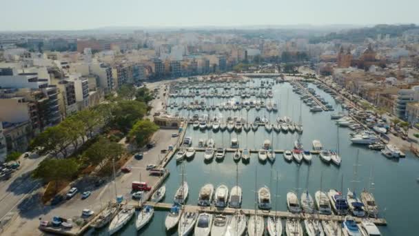 Aerial View Msida Marina Church Yachts Boats Sunny Day Camera — Stock Video