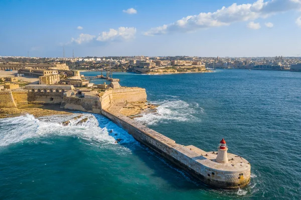 Flygfoto Över Röd Fyr Och Fort Ricasoli East Breakwater Stora — Stockfoto