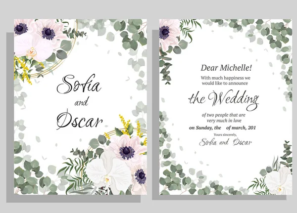 Elegante design floreale per il tuo invito al matrimonio. Eucalipto, anemoni bianchi e orchidee, piante e foglie verdi . — Vettoriale Stock
