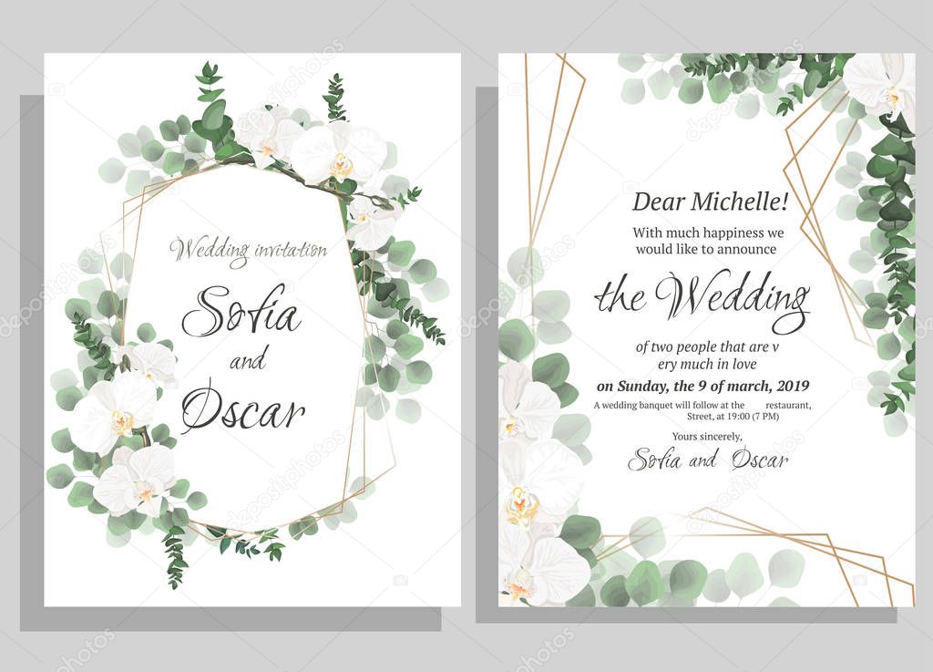 Vector floral pattern for wedding invitations. Orchid flowers, polygonal gold frame, green plants, leaves. All elements are isolated.