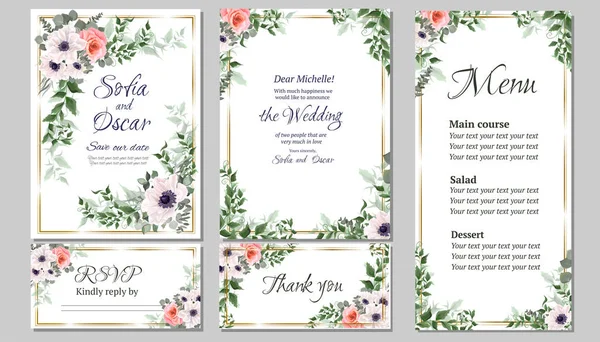 Floral κάρτα για προσκλήσεις γάμου. Λευκές ανεμώνες, ροζ τριαντάφυλλα, ευκάλυπτος, πράσινα φυτά. Κάρτα πρόσκλησης, ευχαριστώ, rsvp, μενού. — Διανυσματικό Αρχείο