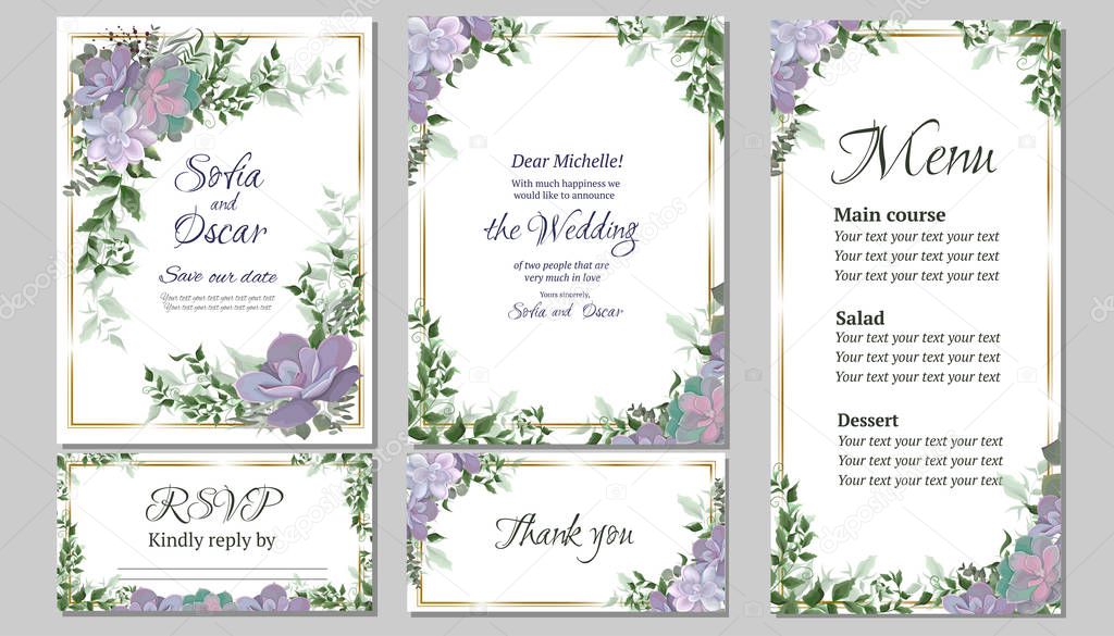 Floral invitation card. Succulents, eucalyptus, berries, plants and leaves. Invitation card, thanks, rsvp, menu.