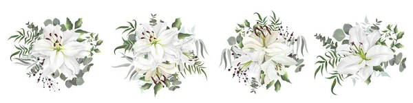 Conjunto de buquês vetoriais sobre um fundo branco. Flores de lírio, plantas verdes, eucalipto, bagas . —  Vetores de Stock