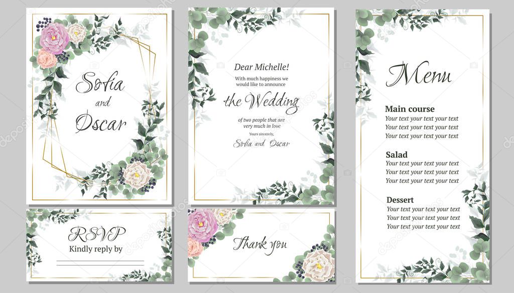 Vector template for wedding invitation. Greeting card template. Roses, berries, green plants, leaves. All elements are isolated. Invitation card, thanks, rsvp, menu.