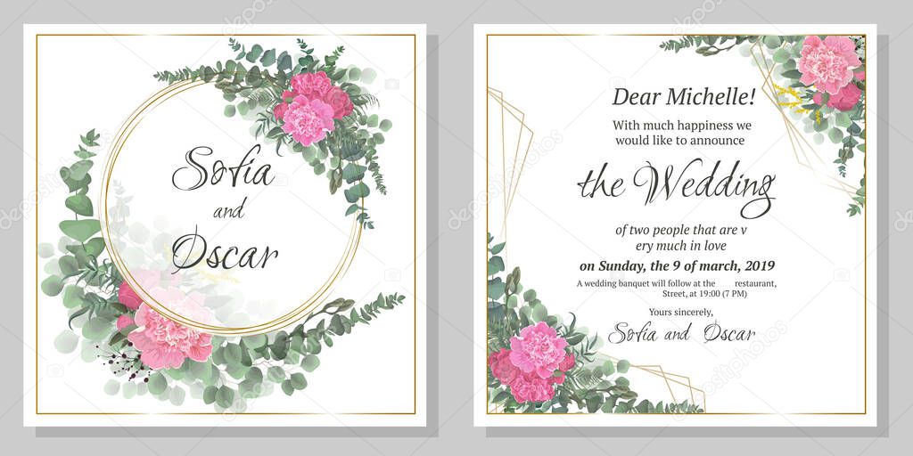 Vector template for wedding invitation. Round gold frame, peony flowers, berries, green leaves and plants.