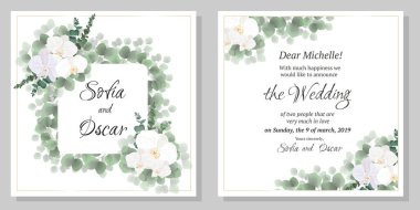 Düğün davetiyesi için vektör şablonu. Çiçek orkideleri, okaliptüsler, yeşil bitkiler. Tüm elementler izole edildi.