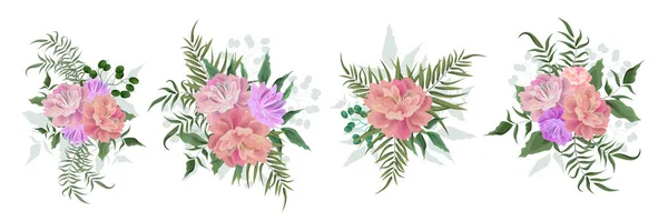 Set of vector bouquets of peonies. Flowers on white background. All elements are isolated. Elements for wedding design. — Stock Vector