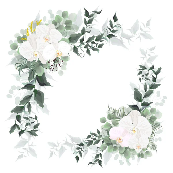 Esquinas vectoriales para diseño floral. Flores de orquídea blanca, hojas verdes, plantas. Todos los elementos están aislados . — Archivo Imágenes Vectoriales