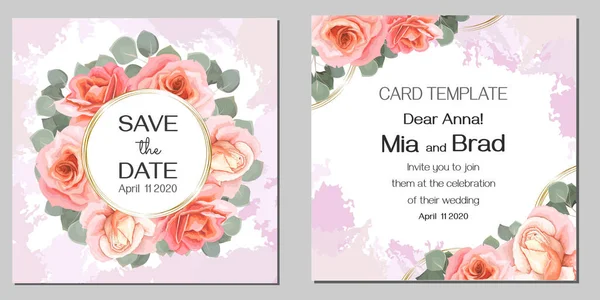 Invitation vectorielle de mariage floral. Châssis rond en or, perles, roses roses, eucalyptus . — Image vectorielle