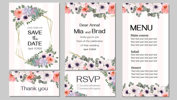 Floral vector template for invitation. White anemones, pink roses, succulents, eucalyptus, berries, plants and flowers. All elements are isolated.  Invitation card, thanks, rsvp, menu. — Stock Vector