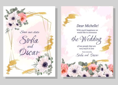 Floral vector template for invitation. Polygonal golden frame, white anemones, pink roses, eucalyptus, watercolor and gold strokes, plants and flowers. All elements are isolated.