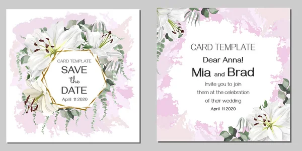 Design floral pour une invitation de mariage. Coups d'aquarelle, lys blancs, eucalyptus, plantes vertes et fleurs. Modèle pour votre texte . — Image vectorielle