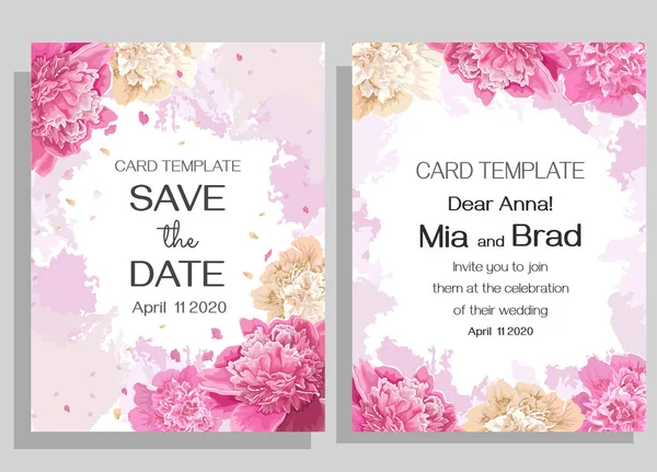 Carte florale pour les invitations de mariage. Pivoines roses et blanches, pétales, traits de pinceau aquarelle . — Image vectorielle