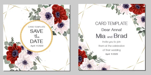 Πρότυπο για πρόσκληση γάμου. Όμορφες λευκές και κόκκινες ανεμώνες, χρυσό στρογγυλό πλαίσιο, ευκάλυπτος, πράσινα φυτά και φύλλα. Κάρτα διανύσματος. — Διανυσματικό Αρχείο