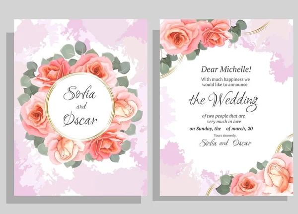 Vector floral boda invitación. Marco redondo de oro, cuentas, rosas rosadas, eucalipto . — Vector de stock