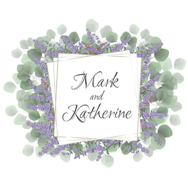 Vector frame for invitation. Green leaves, lavender flowers. All elements are isolated. — Stock Vector