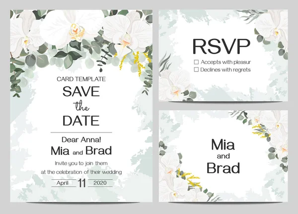 Modèle floral vectoriel pour les invitations de mariage. Fleurs d'orchidée, plantes vertes, feuilles. Tous les éléments sont isolés. Carte d'invitation, rsvp . — Image vectorielle