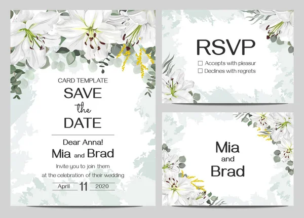 Květinová karta na svatební pozvánky. Bílé lilie, eukalyptus, kulatý zlatý rám, akvarely. Šablona pro svatební pozvánku, vizitka se jménem, rsvp. — Stockový vektor